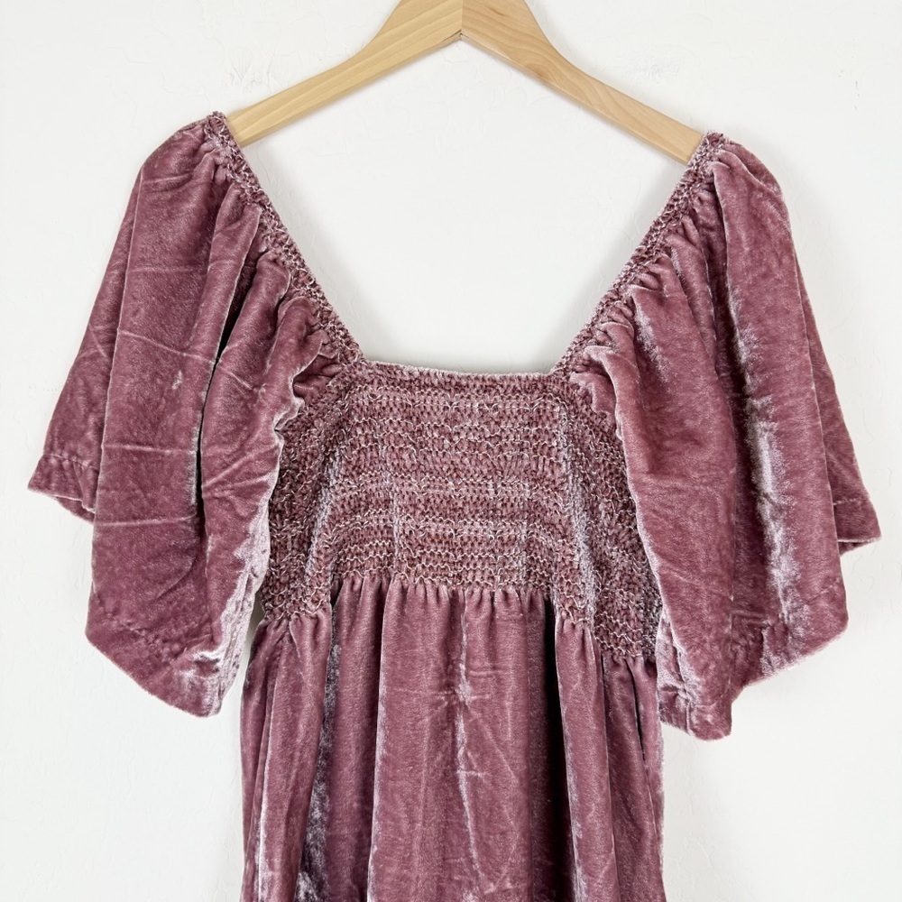 Free People Easy To Love Mini Dress Pink Velvet Smocked Bow Fairy Babydoll - Picture 3 of 11
